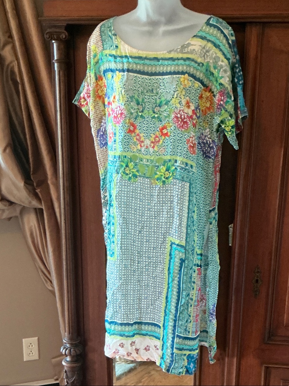 Johnny Was Multicolor Floral Patchwork Tunic - Turquoise, Blue, Green